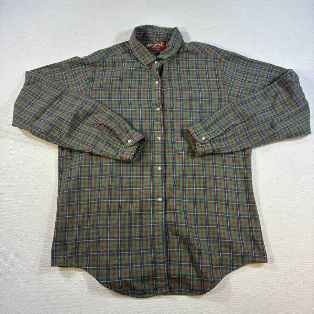 Vintage American Eagle For Her Plaid Flannel Shirt Medium Green Red 90s Cotton